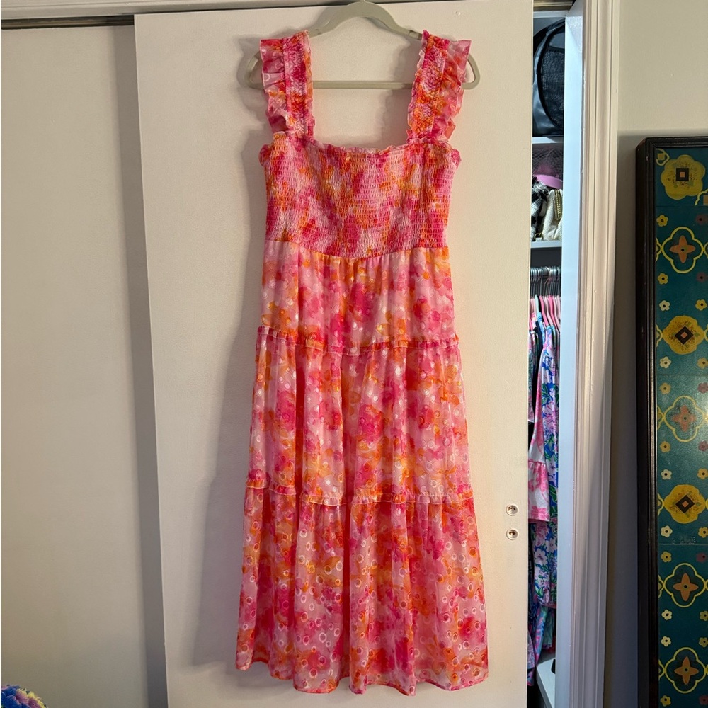 Pink and Orange Smocked Midi Dress